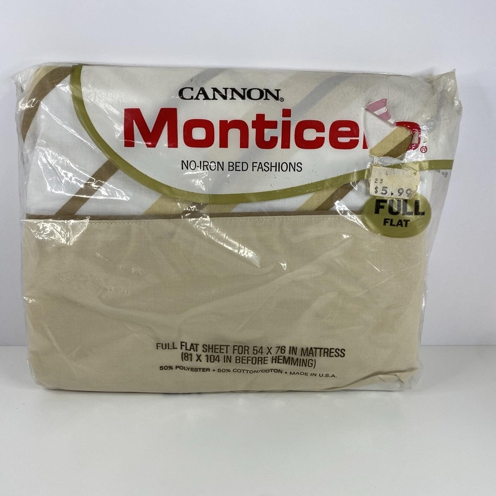 Vintage 70s Cannon Monticello Montauk Stripe Full Flat Sheet Brown Cream White